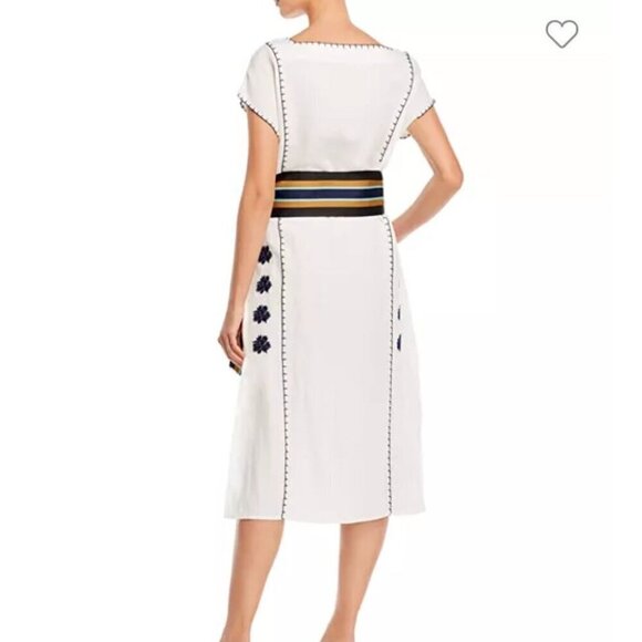 Tory Burch Floral Embroidered White Navy Linen Blend Designer Midi Dress Size M - Picture 4 of 11
